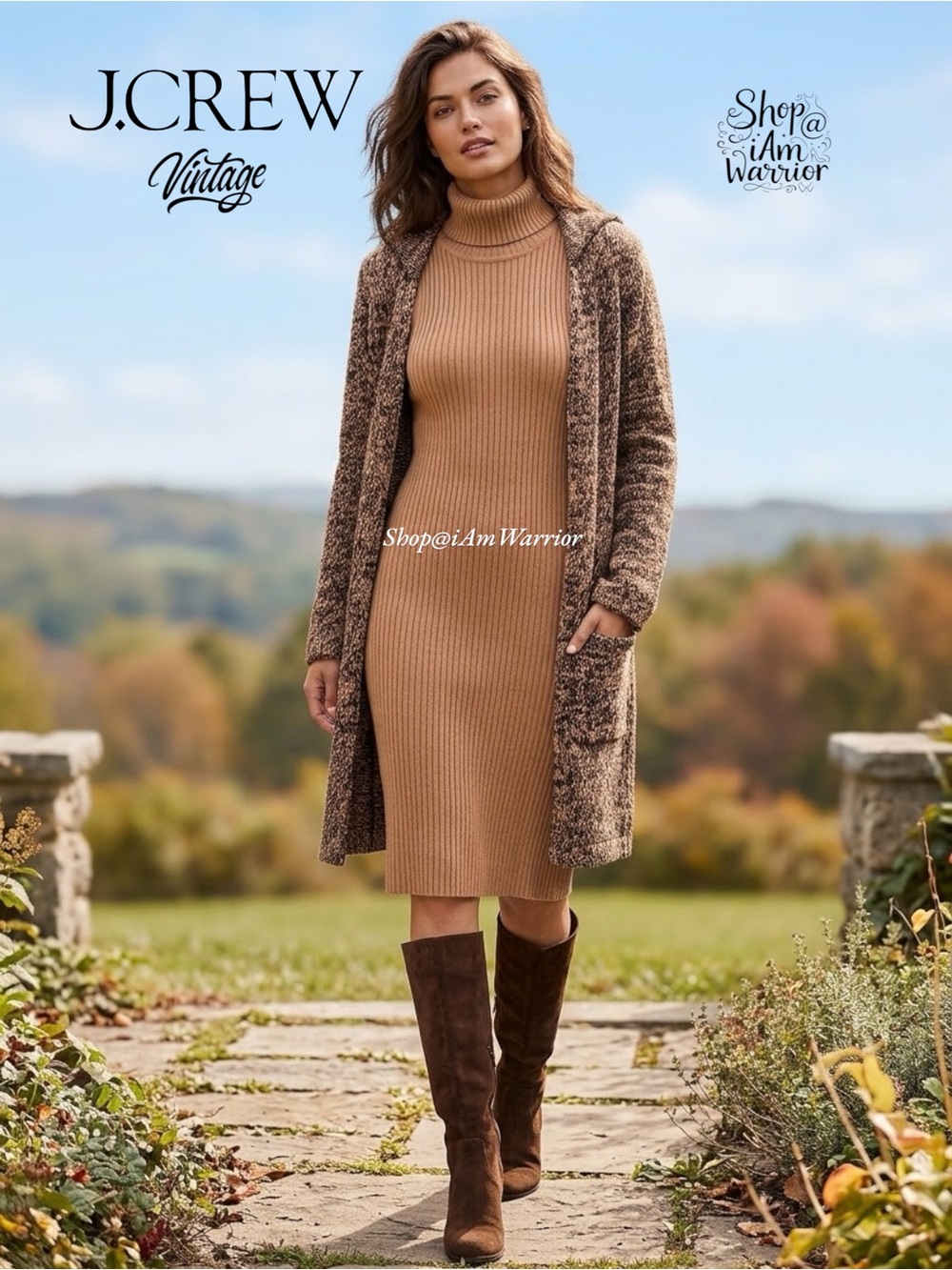 Vintage J.Crew Brown Tan Marled Cotton Blend Knit Hook-n-Eye Duster Cardigan